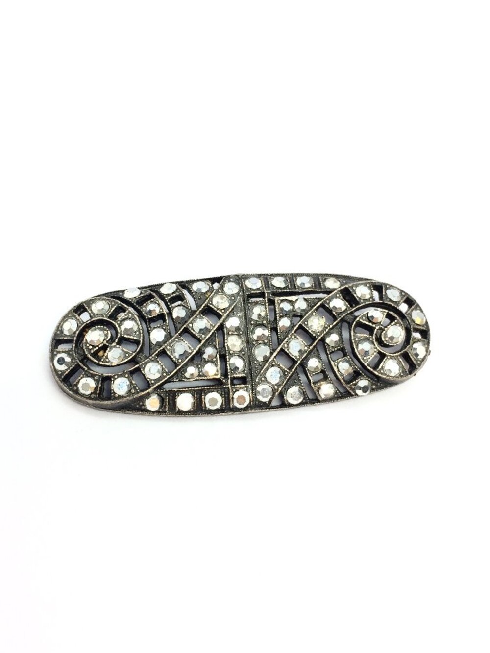VINTAGE RHINESTONE BROOCH Art Deco Style Silver Tone Oval Openwork Swirl Pin